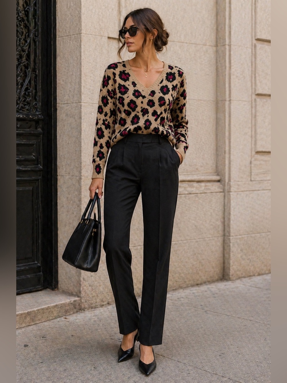 525 | Playful Leopard Print Cotton V-Neck Sweater | 100% Cotton | Size L